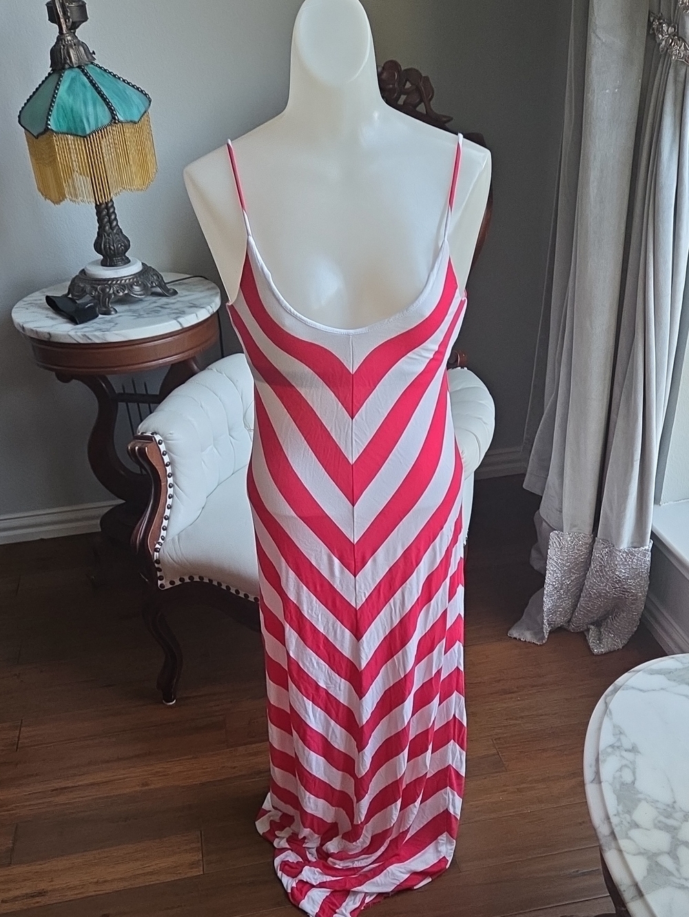BEBE Women’s Pink and White Chevron Maxi Dress